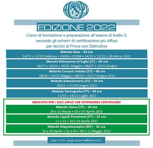 <strong>CORSO DI FORMAZIONE E PREPARAZIONE ALL&#39;ESAME DI LIVELLO 3, SECONDO GLI SCHEMI DI CERTIFICAZIONE PI&Ugrave; DIFFUSI PER TECNICI DI PROVE NON DISTRUTTIVE</strong><br />
<br />
Febbraio/Luglio 2022<br />
<br />
Online